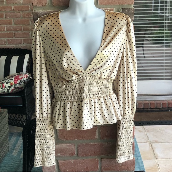 LULU’S Chic Upgrade Cream Black Polka Dot Velvet VNeck Smocked Hem Sleeves XL - Picture 7 of 10